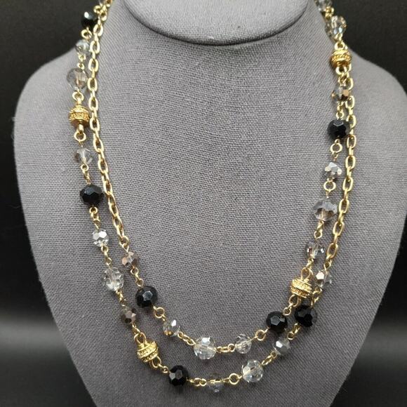Vintage Long Black Smoky Crystal Necklace, 44 Inch, Gold Tone Chain Spacer Beads - Picture 5 of 11